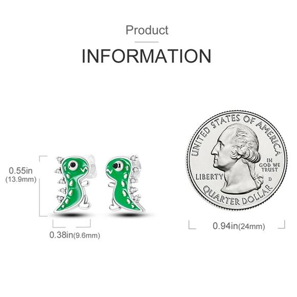 Green Dinosaur Sterling Silver Stud Earrings with Sparkling Zircons S925 - Picture 4 of 4
